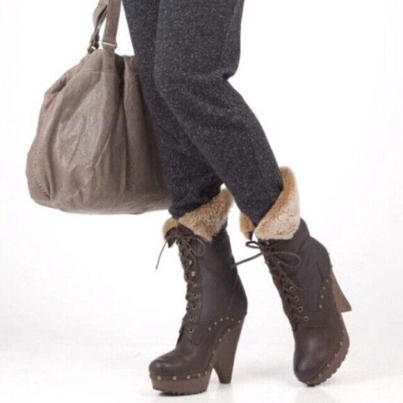 Sam Edelman Winsford Lace Up Chunky Studded Clog Shealing Leather Heeled Boots - Picture 4 of 12